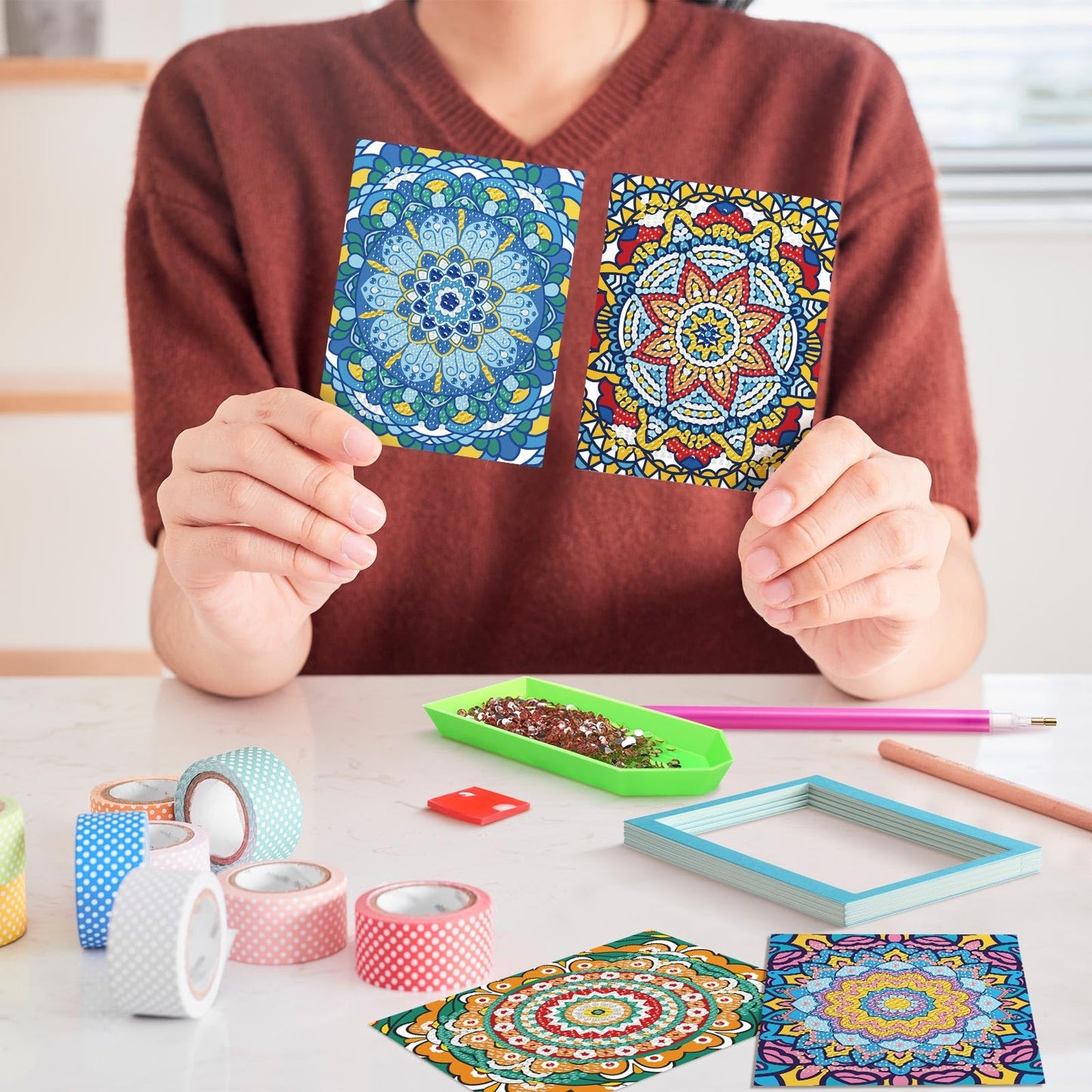 Saillong 24 Pcs Small Diamond Painting Kits Set Mini Diamond Art Set for Beginners, Full Paint Art 1-Hour Painting for Home Decor Desktop, 5.12x3.94 Inches(Mandala)