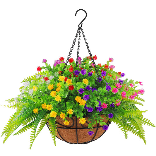 Elecxlink Artificial Fake Hanging Plants Flowers Basket for Outdoor Spring Summer Decorarion, UV Resistant Faux Rose Eucalyptus Boston Ferns Plants for Indoor Outside Garden Porch Patio Balcony Decor