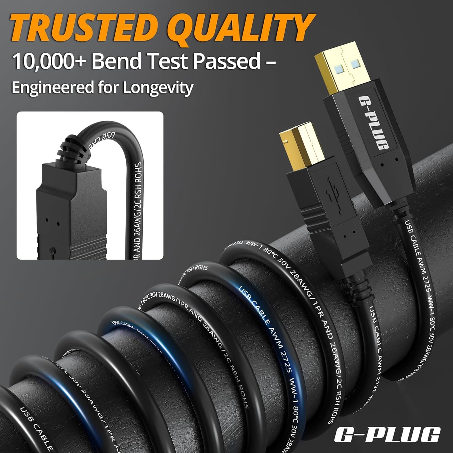 2.0 10FT G-PLUG USB Printer Cable High-Speed USB A to B Cord, Compatible with Printers, Scanners, Fax Machines and More