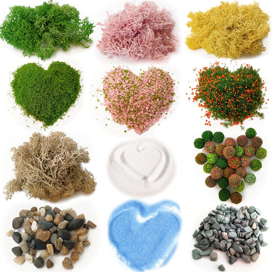 QuarenDen Scenery Basing Material Kit, 12 Bags, Basing Material Kit, Diorama Supplies, Decorative Sand, Stone, Grass, Moss Stick, River for Model Railway, Fairy Garden Diorama Scenery