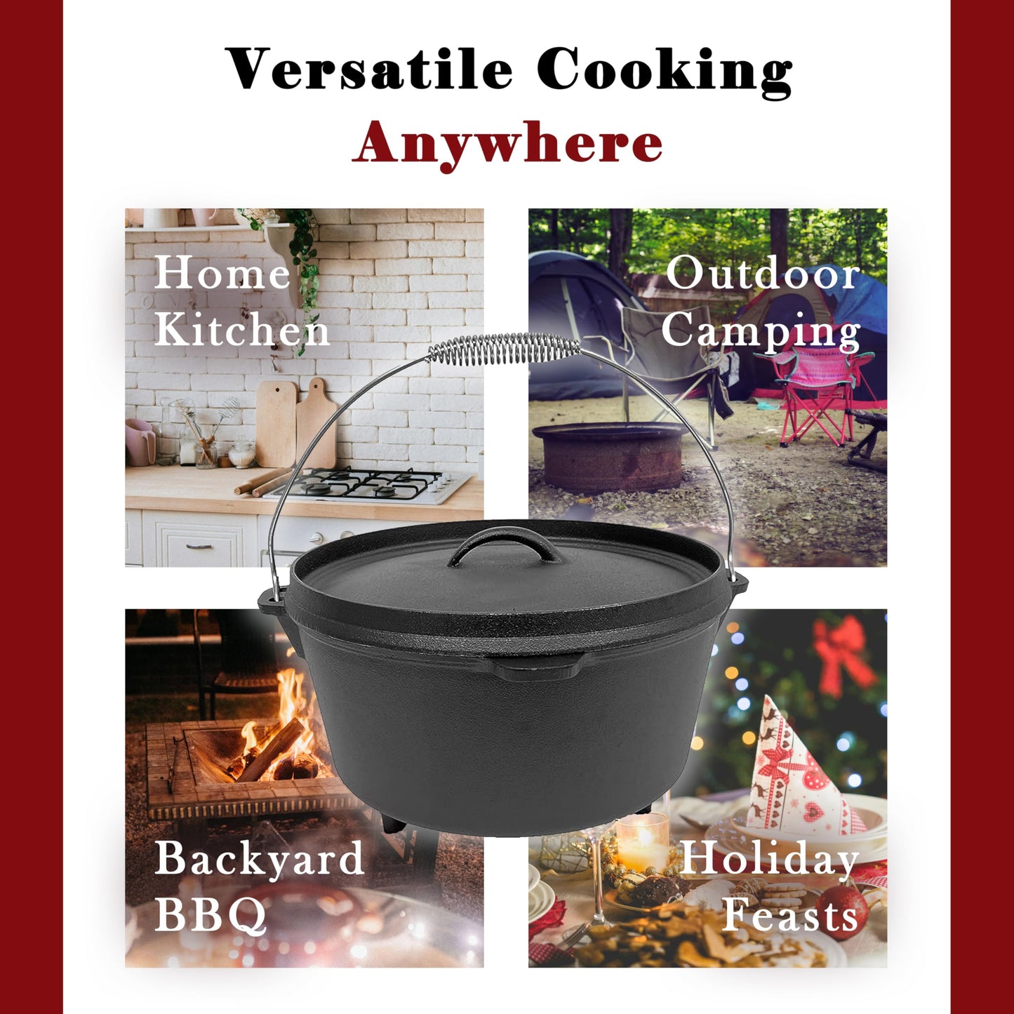 Cuisiland 9 Quart Cast Iron Dutch Oven with Lip Lid & 3 legs – Pre-Seasoned Camping Pot for Outdoor Cooking, Roasting, and Baking – Heavy-Duty Campfire Cookware with Even Heat Distribution