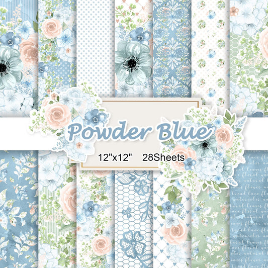 28 Sheets Scrapbook Paper, Floral Scrapbooking Specialty Papers 160gsm Cardmaking Craft Paper Pack Decorative Paper for Card Making (12"X12" Inch, Powder Blue Flowers)