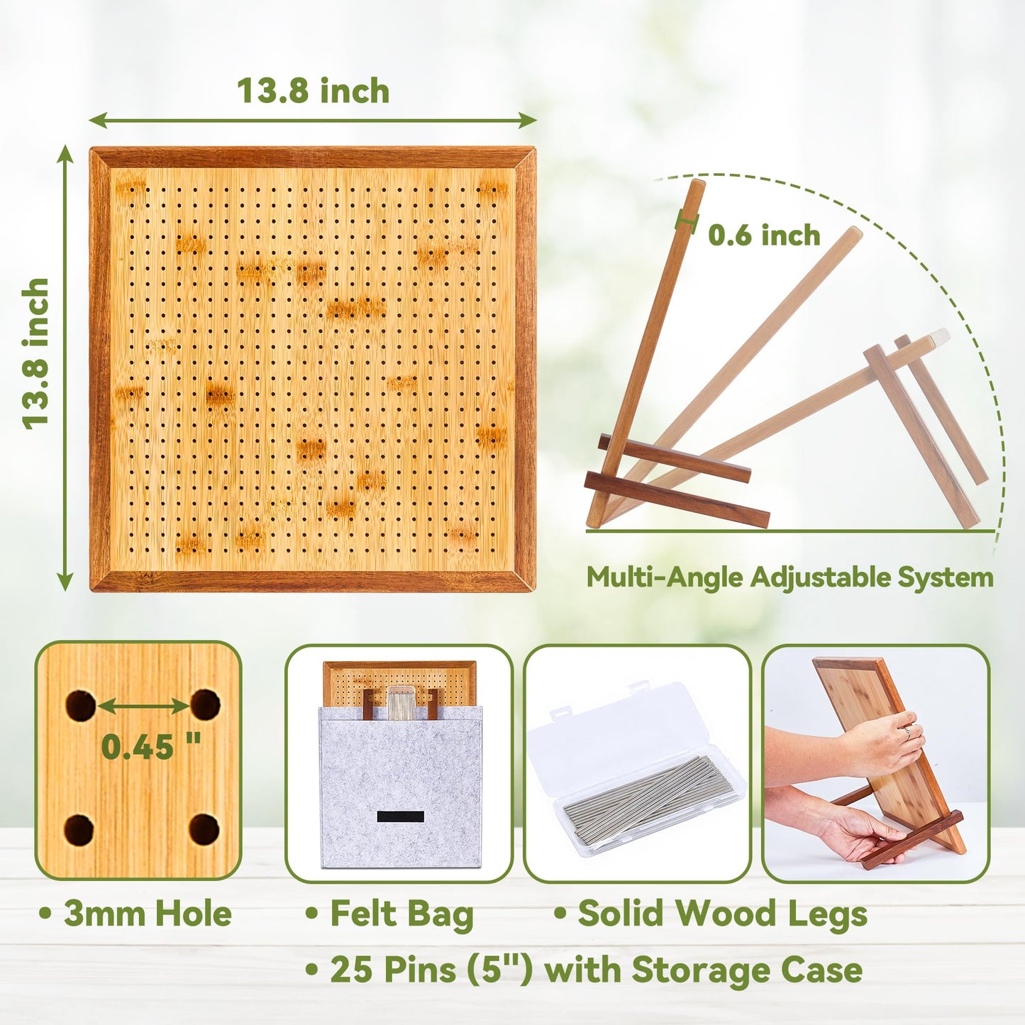 13" Crochet Blocking Board with 25 Pegs(Pins) & Felt Bag, Granny Square Blocking Board for Crochet Projects, Adjustable Bamboo Wood Board for Crocheting & Knitting, Gift for Crocheter