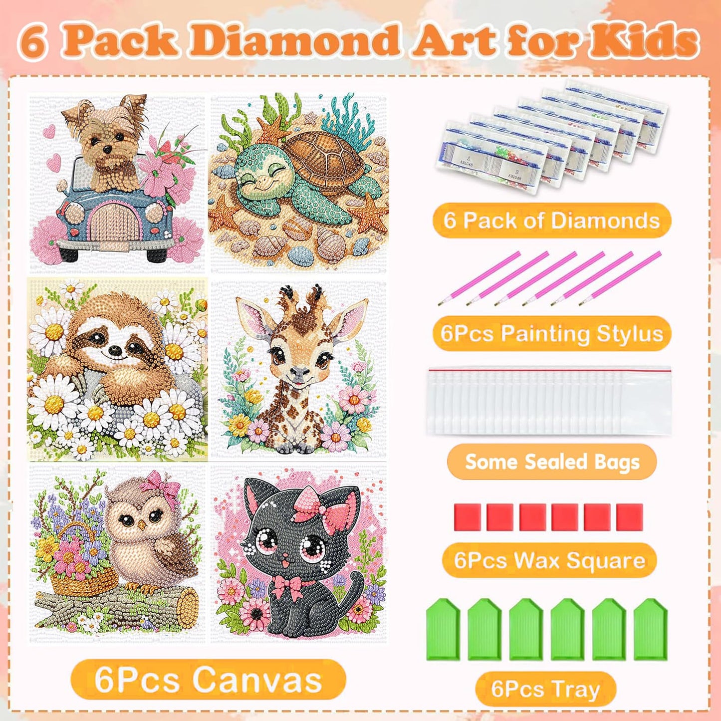 ajepon 6 Pack Animal Diamond Art Kits for Kids, Cute Animals Diamond Art for Kids Ages 8-12, Cat Dog Turtle Sloth Giraffe Owl Diamond Painting Kits for Kid for Gift Home Wall Decor (6x6inch)