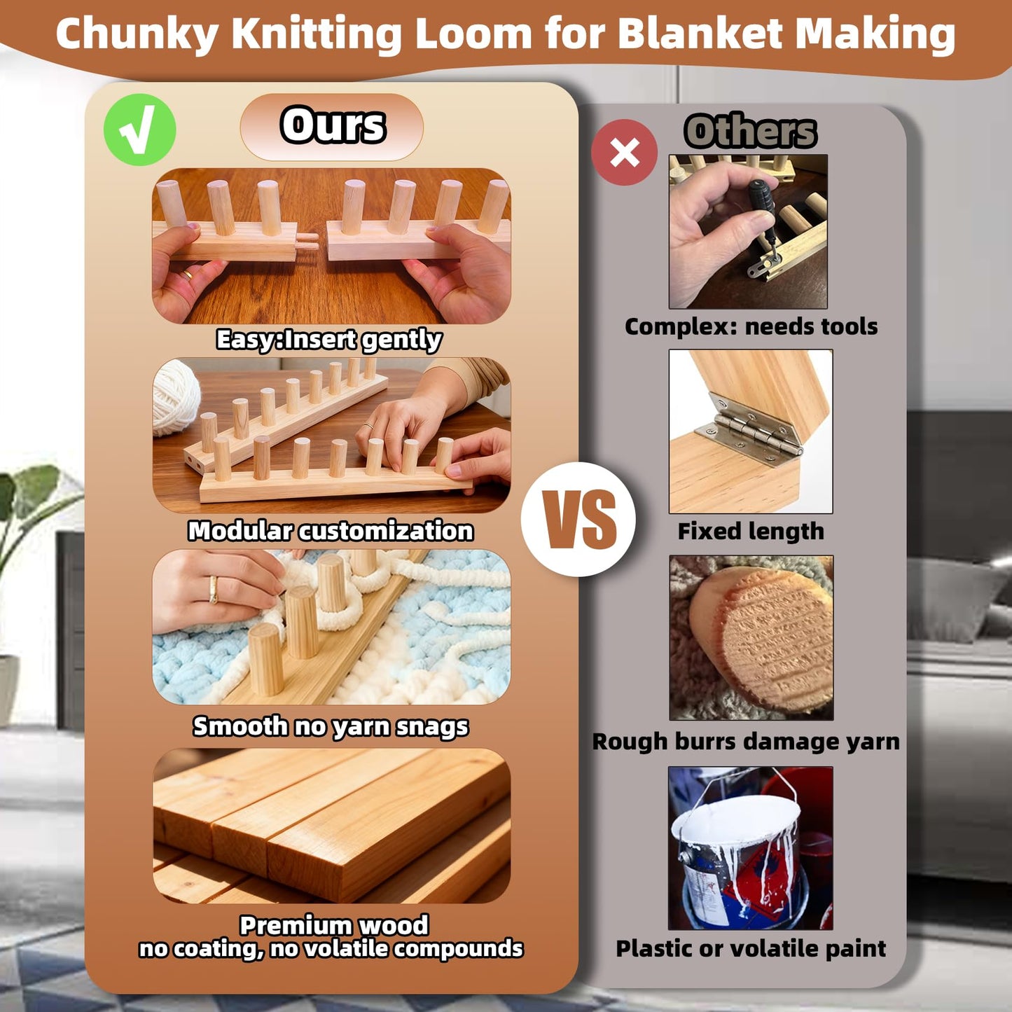 QAMGCYW 45" Chunky Yarn Loom, Beginner Hand Knitting Loom with Detachable Wooden Frame, Adjustable Size No Needles, DIY Blanket Weaving Loom, Premium Wood No Coating