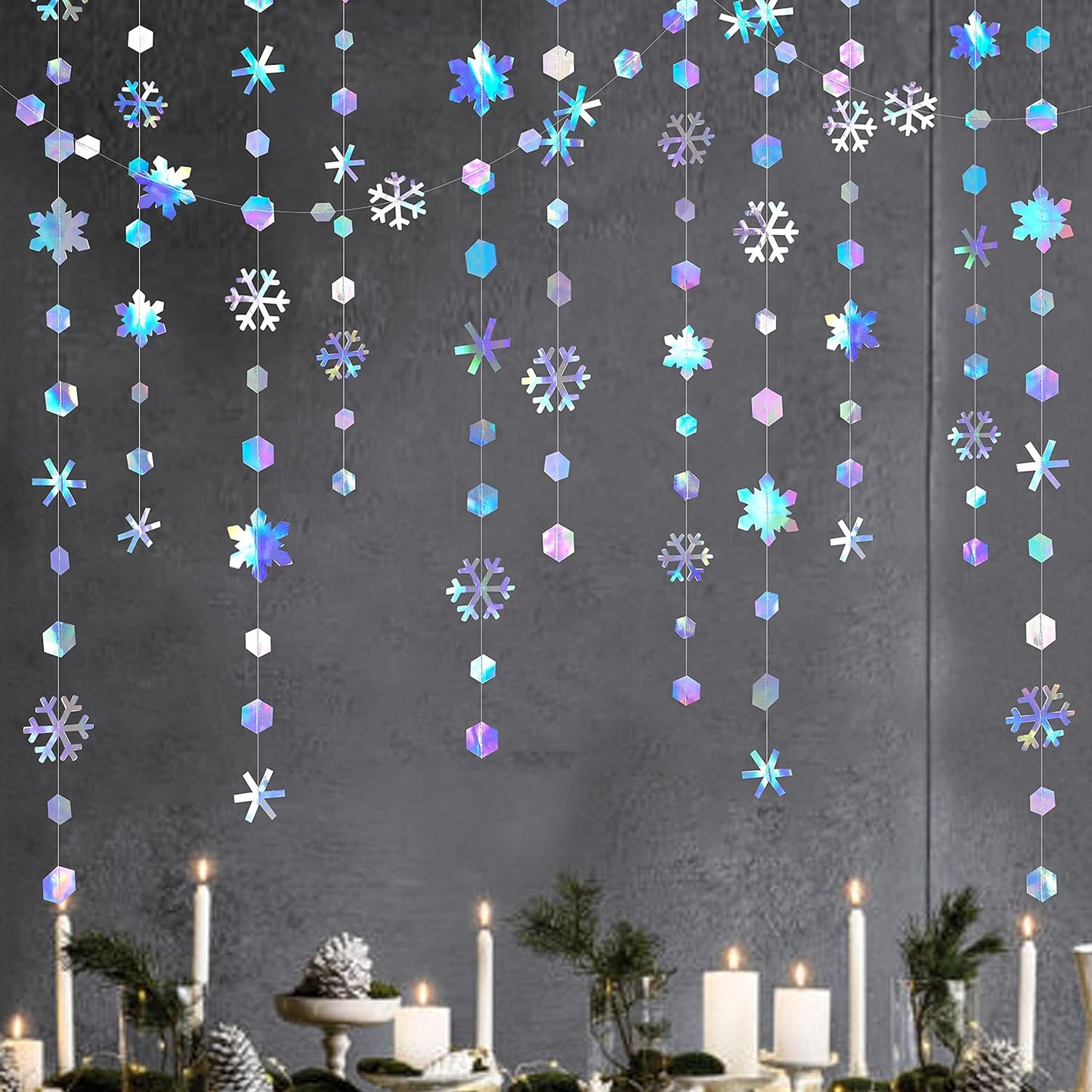Winter Wonderland Party Decoration - Iridescent Snowflake Garland by [Brand Name] | 52Ft Holographic Streamer for Christmas & Weddings