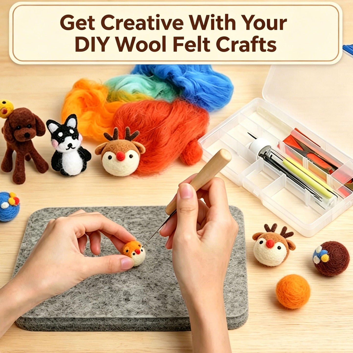 Memfish Wool Needle Felting Pad,10x8x1 inch Needled Felt Mat Block Thick and Firm Base Including Pair of Leather Finger Guards (10in*8in)