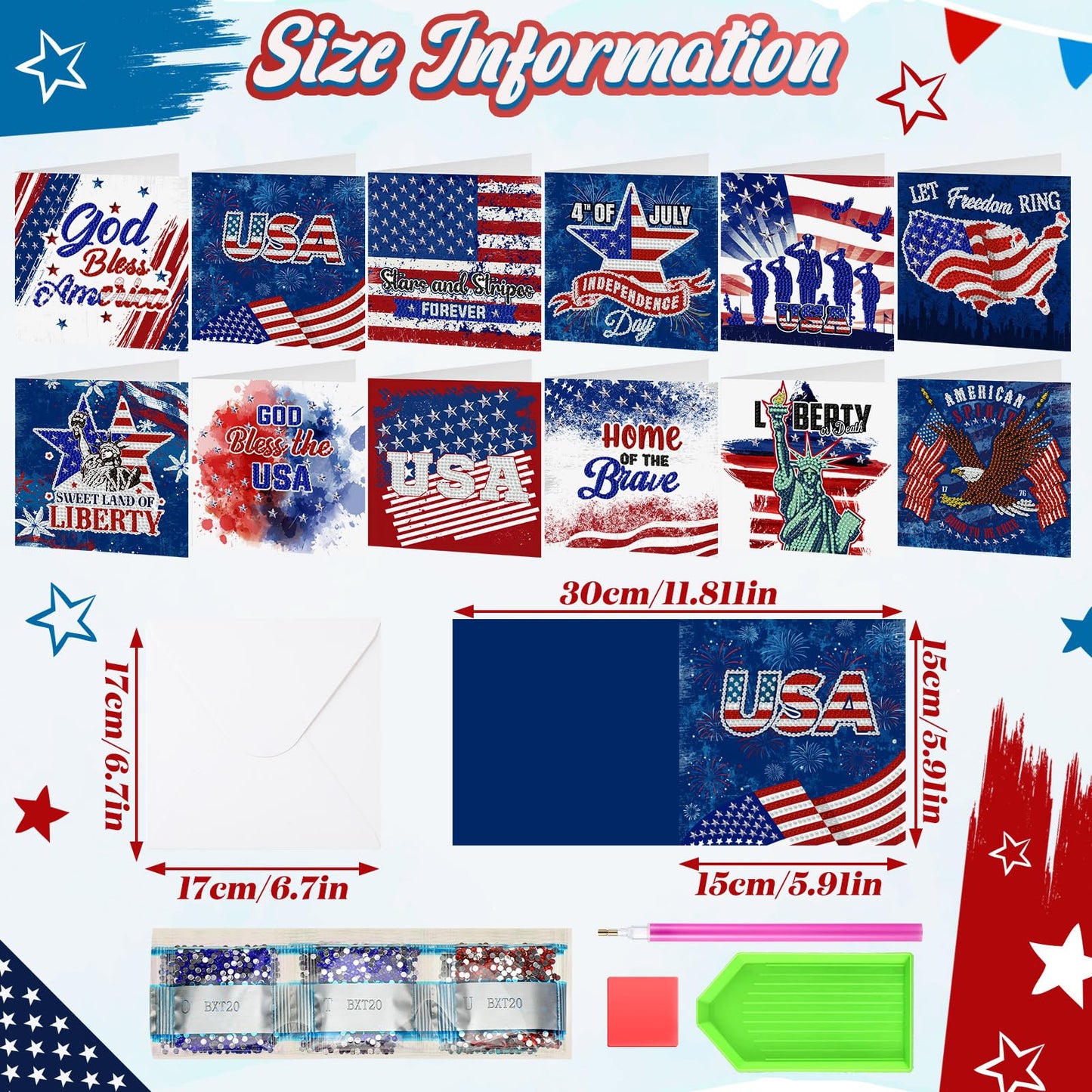 Saillong 12 Pack 4th of July Diamond Painting Greeting Card Kits Patriotic Diamond Art Cards with Envelopes Memorial Day Red White Blue 5D Rhinestones Painting Making Kits for Adults DIY Craft Gifts