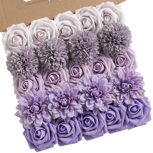 rongflower Artificial Flowers Combo Box Set Gradient Color Flower Leaf with Stems for DIY Wedding Bouquets Centerpieces Baby Shower Party Home Decorations (Lavender Purple)