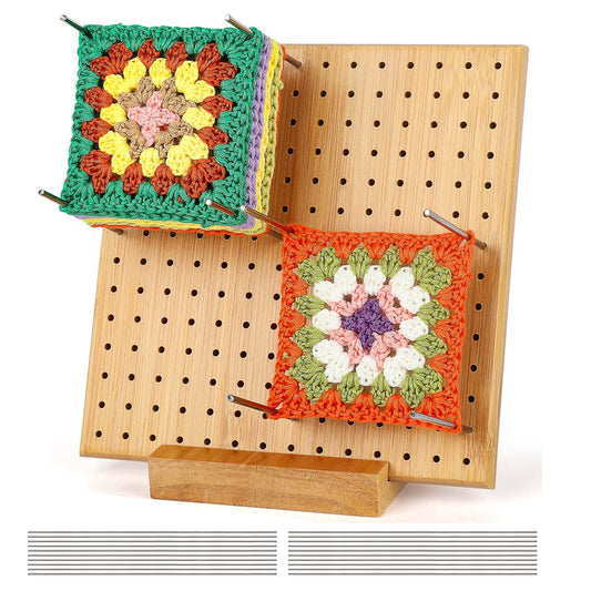 Crochet Blocking Board Handcrafted Knitting Blocking Mat with 20 Stainless Steel Rod Pins Bamboo Crocheting Accessories for Granny Squares Crocheters 7.87 Inches