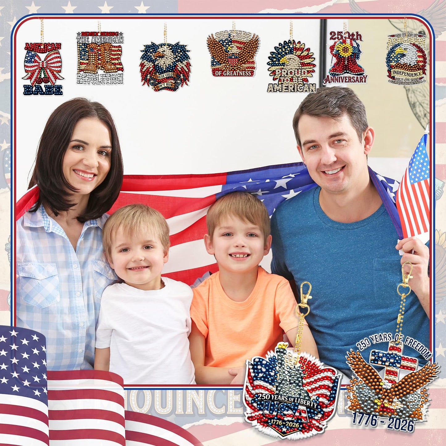BBTO 20 Pcs Patriotic Diamond Art Keychains Patriotic 250th Anniversary Eagle Ornaments 4th of July Memorial Day Painting Keychains Red White Blue Independence Day Diamond Art Kits for Kids Adults