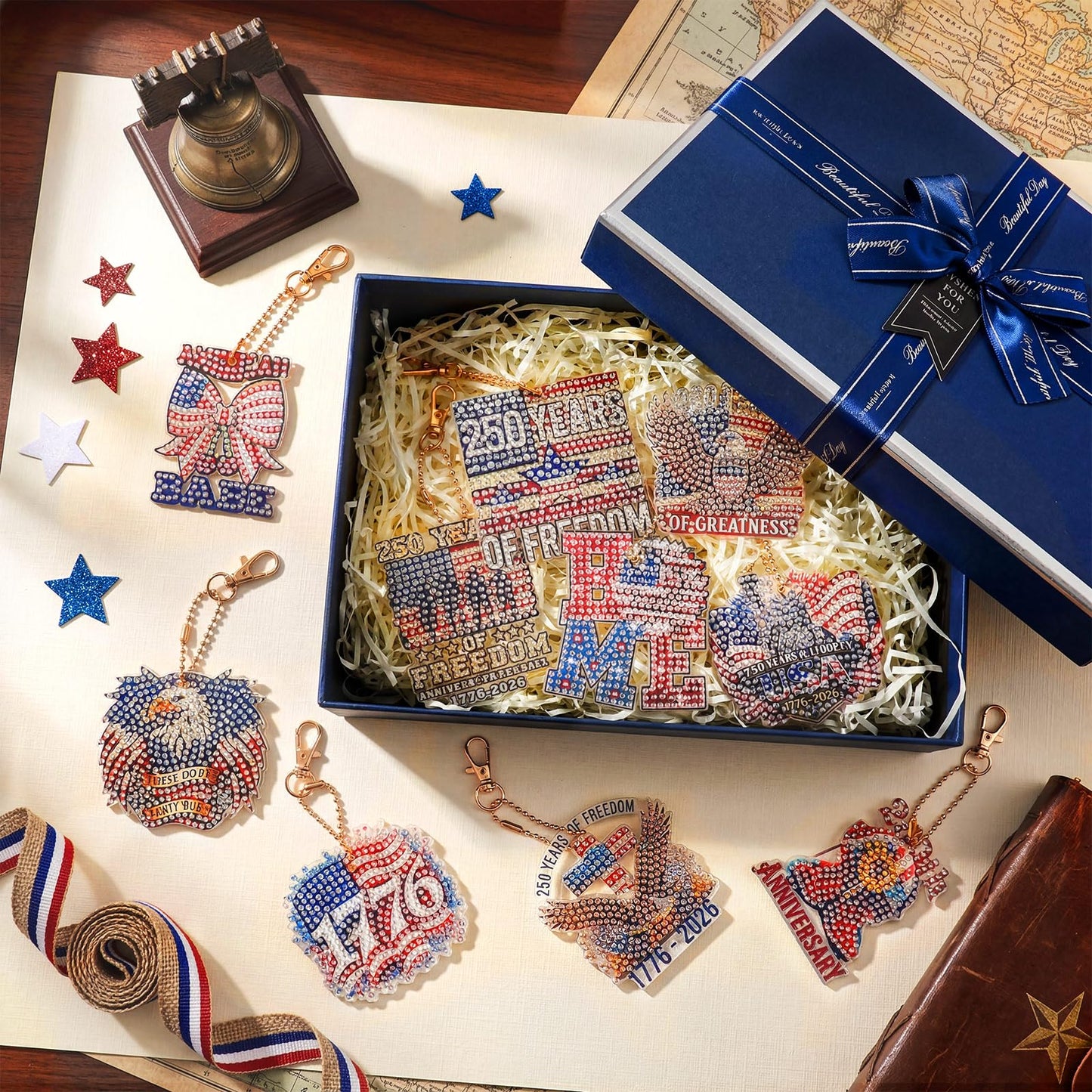 BBTO 20 Pcs Patriotic Diamond Art Keychains Patriotic 250th Anniversary Eagle Ornaments 4th of July Memorial Day Painting Keychains Red White Blue Independence Day Diamond Art Kits for Kids Adults