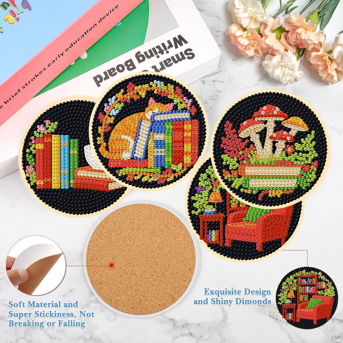 Puraikcmi 6pcs DIY Diamond Painting Kits Coasters with Holder, Diamond Art Coasters by Number for Kids and Adults Full Drill Round Mosaic Stitch Art Craft Supplies (Book Diamond Art Coasters)