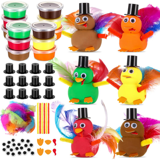 AmazingSpark 12 Sets Thanksgiving Turkey DIY Craft Kits Fall DIY Turkey Air Dry Clay Modeling Fall Crafts Ornament for Friendsgiving Thankful Dinner Party Activity Supplies Table Decorations