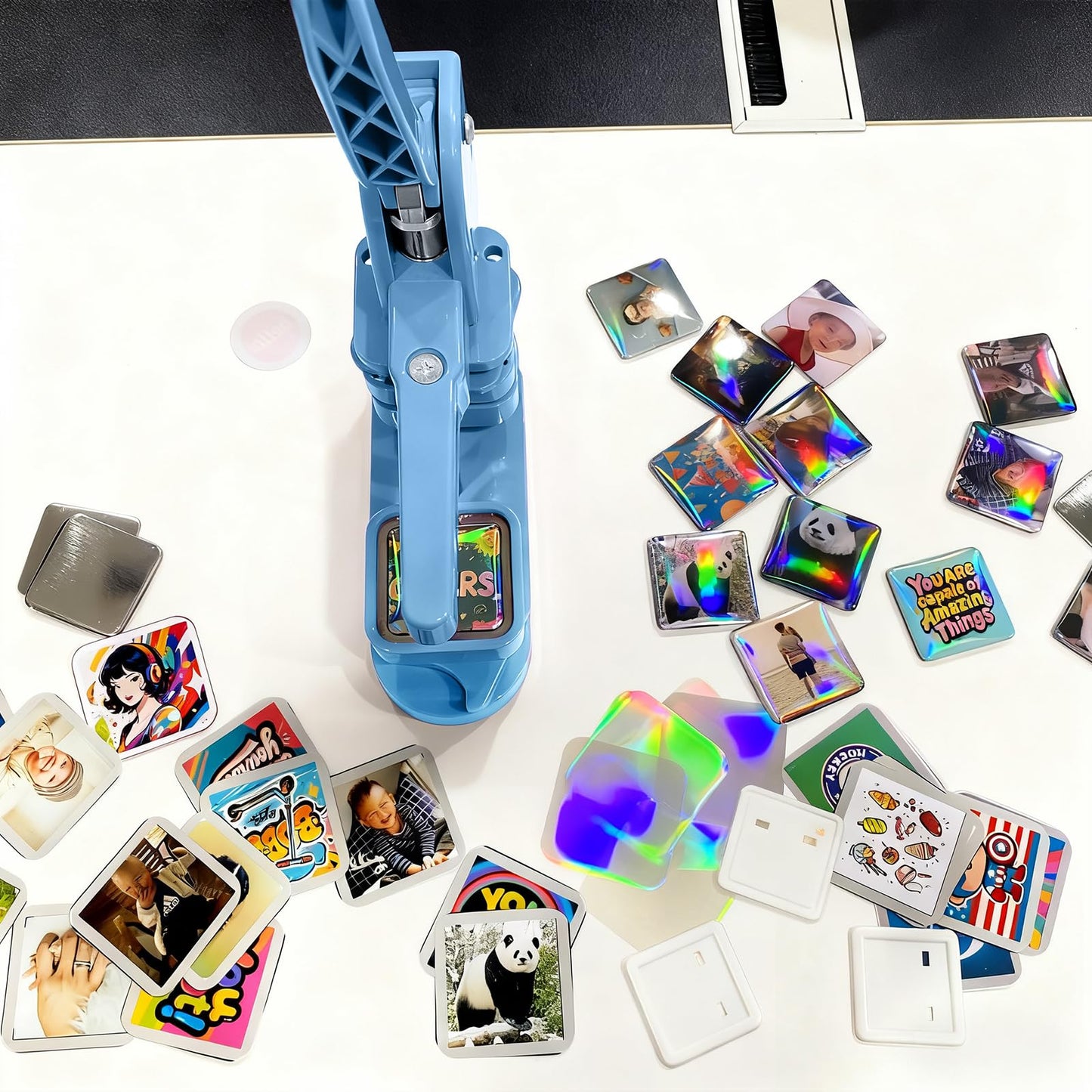 Square Magnet Button Maker Kit - Holographic Film 2'' x 2'' Button Press Machine with 100 Set Fridge Magnet Making Supplies(Metal Cover, Film, Back Inserts), for Craft, Home, Small Business