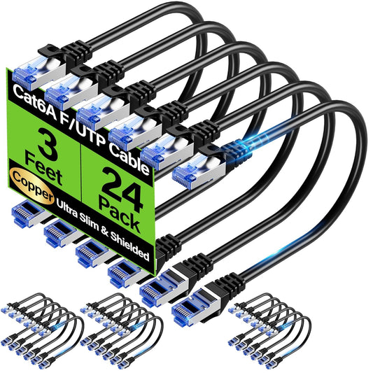 TuokaJu Cat6A 10Gbps 3 (24 Pack), 6, 28AWG Cat6 6a Ethernet Cable Shielded ft Slim Shielded (F/UTP) Ethernet Cable Cat