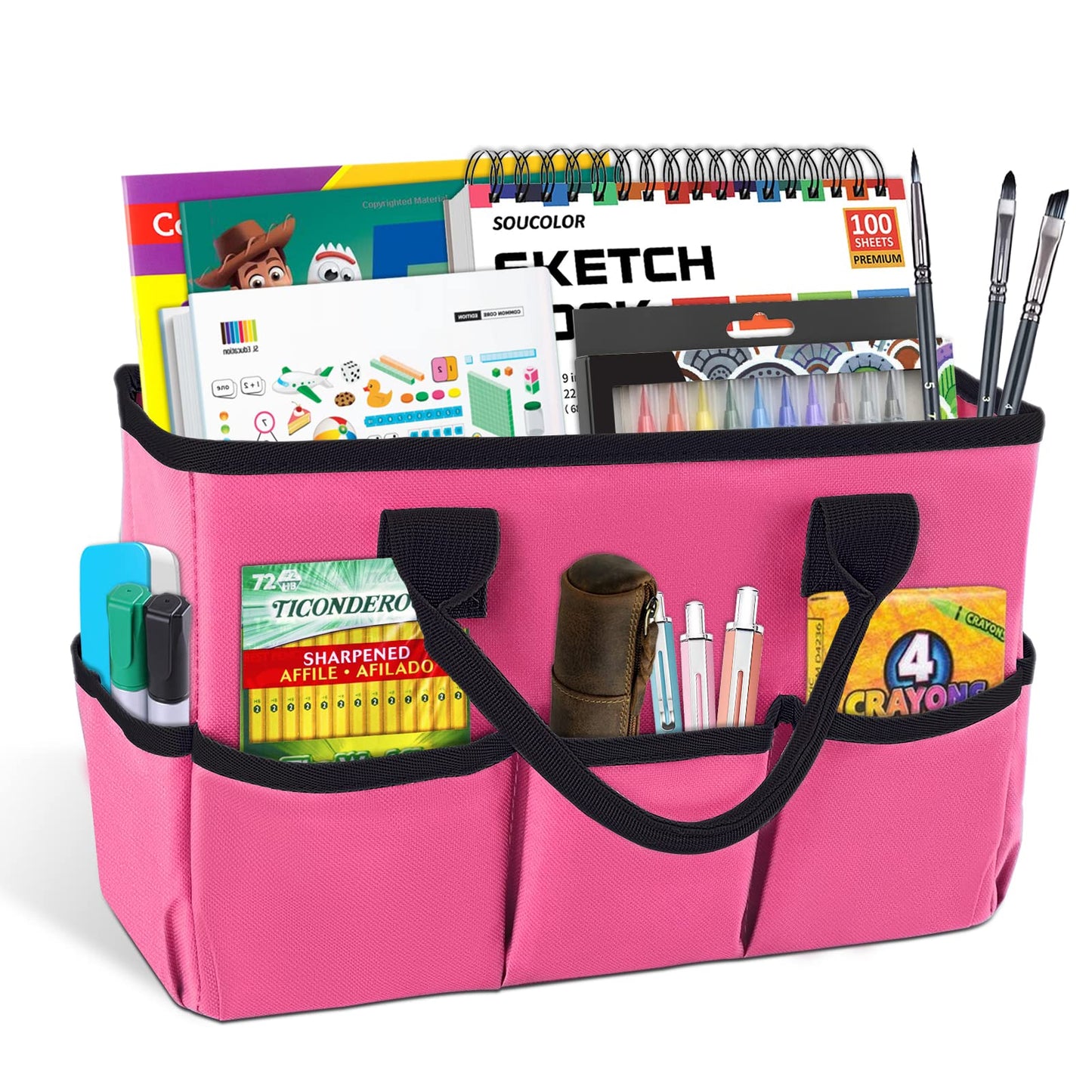 Godery Desktop Tote and Organizer, Teacher Helper Caddy Bag for Arts, Books, Stationery, Office Desk Organization, Make-up Storage with Handles for Travel, Pink