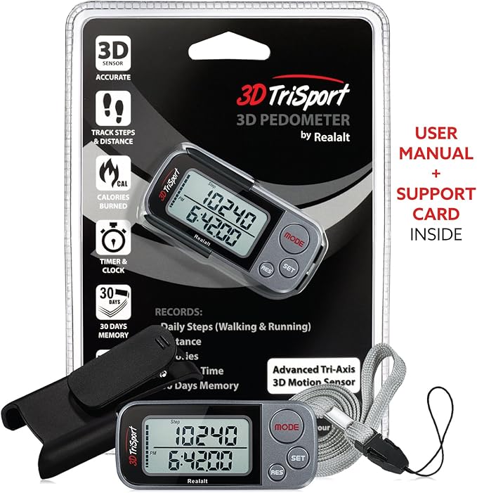 3DTriSport Walking 3D Pedometer with Clip & Strap, eBook Included | 30 Days Memory, Accurate Step Counter, Walking Distance Miles/Km, Calorie Counter, Daily Exercise Time Monitor