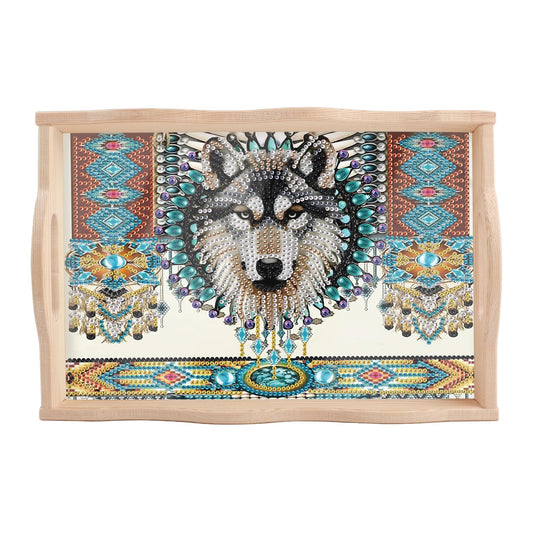 JISHSHAY Diamond Art Serving Tray Diamond Painting Food Tray Gem Art Serving Platter Gem Painting Mosaic Kits for Adults DIY Kits for Adults, with Wood Handle 20×30cm/7.87×11.81in, Wolf