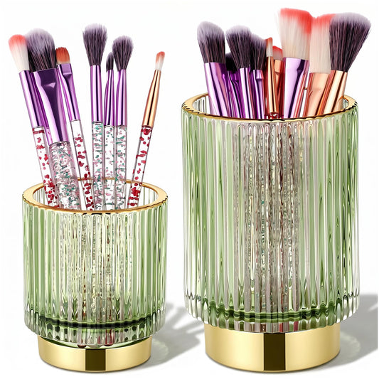 MAQUITA 2 Pack Makeup Brush Holder, Crystal Glass Makeup Brush Holder Organizer for Cosmetic Tools Eyeliner, Vintage Desk Pen Pencil Holders for Bathroom Bedroom Countertop Storage (Green, S+L)