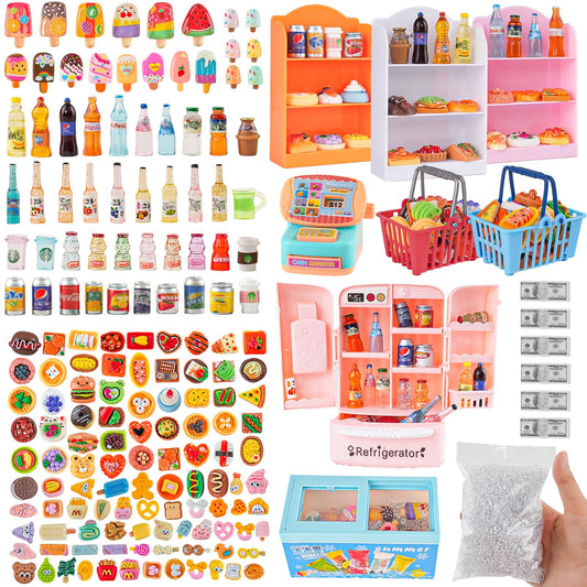 Miniature Food Play Set for Kids - Includes Refrigerator Freezer Ice Cream Drinks & Display Shelves Realistic Toy for Imaginative Play, for Toddlers