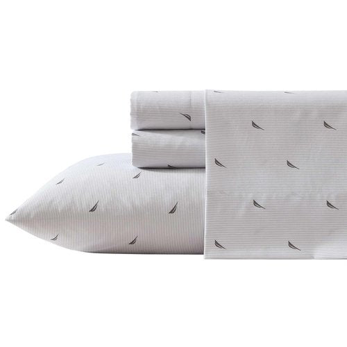Nautica - Full Sheet Set, Breathable & Cooling Microfiber Bedding with Matching Sham(s), Wrinkle Resistant Bed Set (J-Class Boat Stripe Grey, Full)
