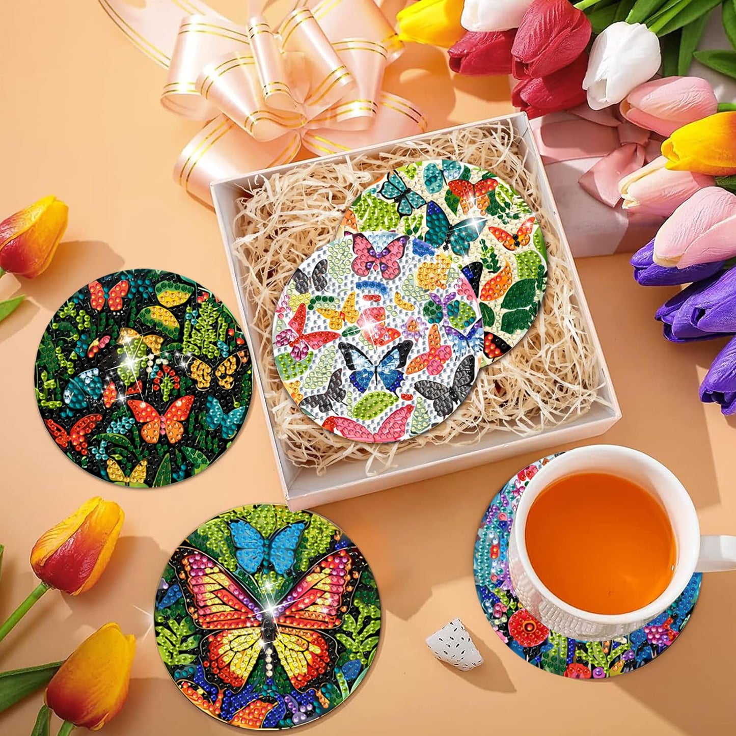 EWJRNSF 8 PCS Diamond Art Coasters Kit, Small Diamond Painting Coasters, Fall Butterfly Diamond Art Kits for Adults Beginners, Arts and Crafts Supplies Item Sets with Holder