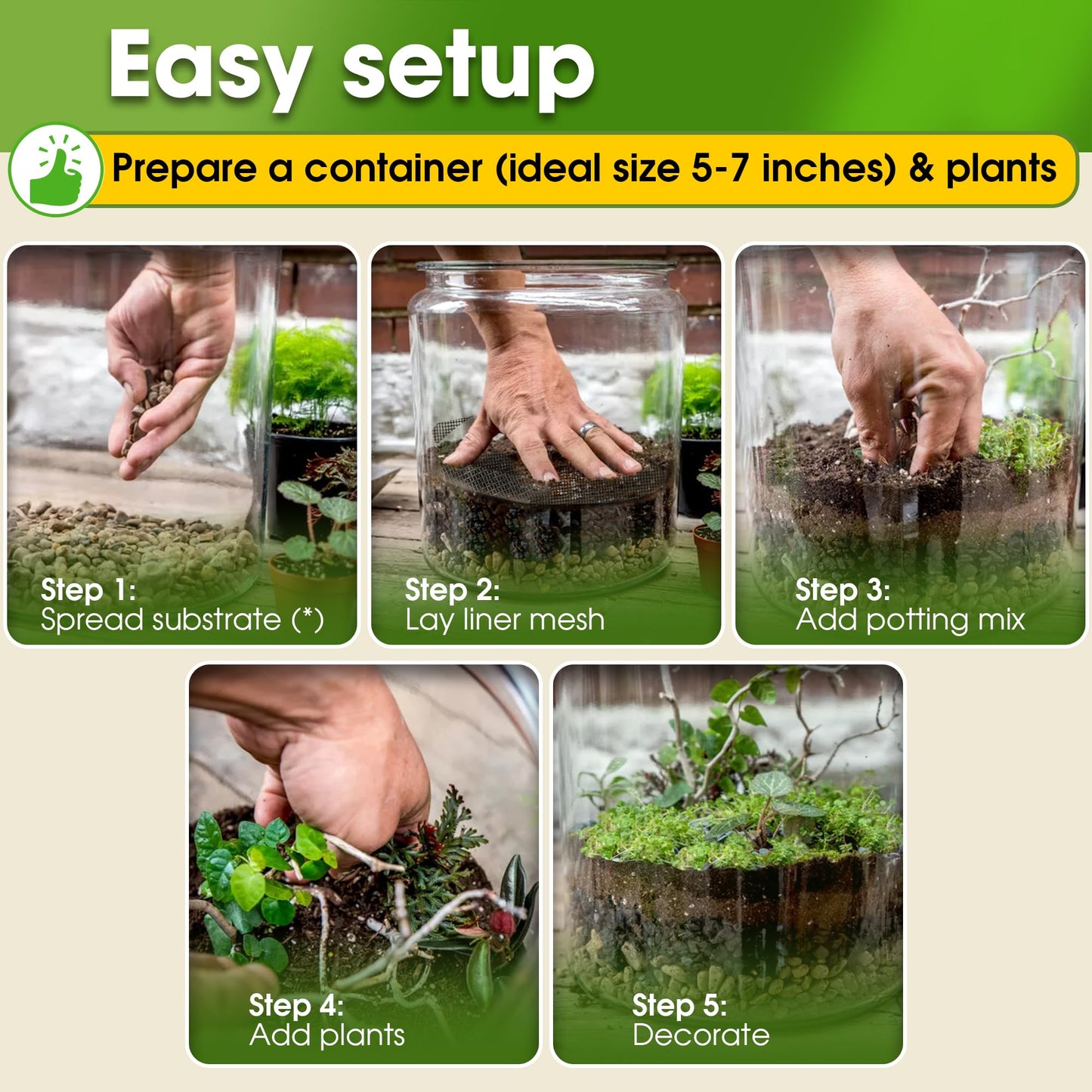 DUSPRO Recycle Terrarium Kit, Include Potting Soil, Pumice, Zeolite, Green Moss, Sphagnum Moss, Decorative Stone, Mesh, Tools, DIY Terrarium Kit for Kids, Air Plant, Succulent