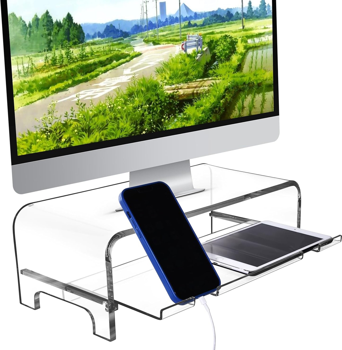 5.7 Inch AMT Acrylic Monitor Stand and Laptop Riser with Keyboard Cover, Clear Desktop Shelf for Office and Home