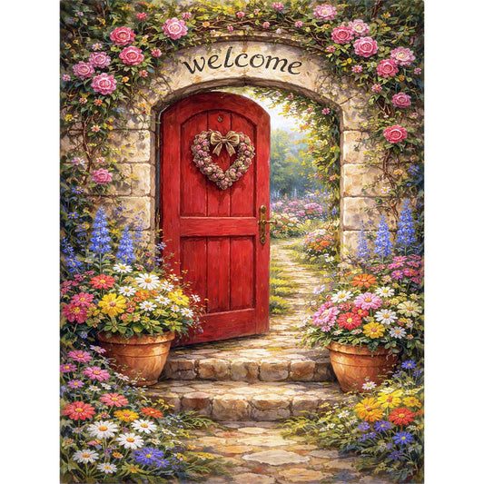 IOHEFY Welcome Garden Door Diamond Painting 12 x 16 Inch Full Drill Acrylic Diamond Art DIY Crystal Rhinestone Floral Cottage Entrance Artwork Nano Pearlescent Canvas Home Wall Decor Gift