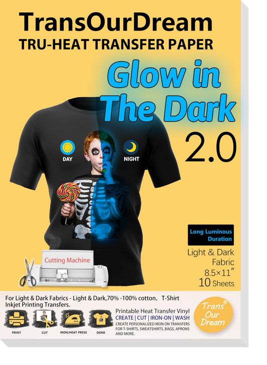 TransOurDream Luminous Heat Transfer Paper for T Shirts (10 Sheets, 8.5x11'', Glow 2.0) Printable Heat Transfer Vinyl for Inkjet Printer Iron on Transfers for Light & Dark Fabrics (TRANS-GD2-12)