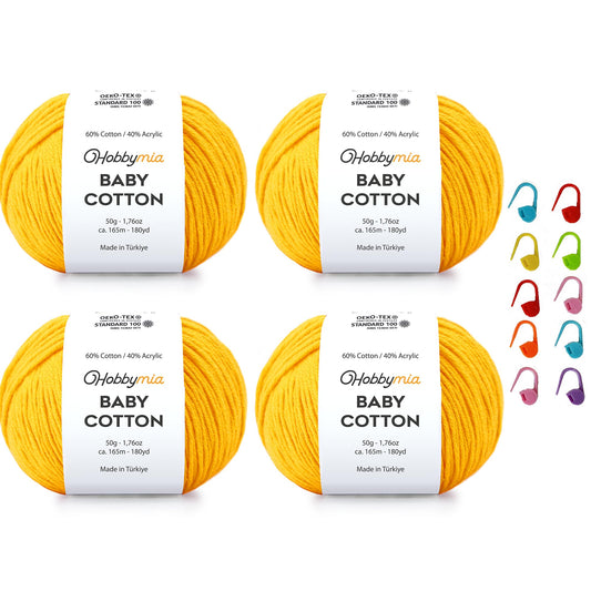 HobbyMia Baby Cotton Blend Yarn – Soft Sport Weight Yarn for Crochet & Amigurumi - 50g/180yds - 60% Cotton 40% Acrylic - Ideal for Baby & Knitting Proj. & 10 Stitch Markers(Mustard Yellow, 4 Balls)