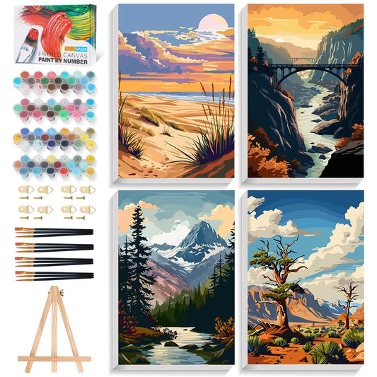 4 Pack National Park Paint by Numbers Kit for Adults Framed, Landscape Paint by Number Kits with Frame, DIY Acrylic Watercolor Adult Paint by Number Kits on Canvas for Home Decor Gift 8x12 Inch