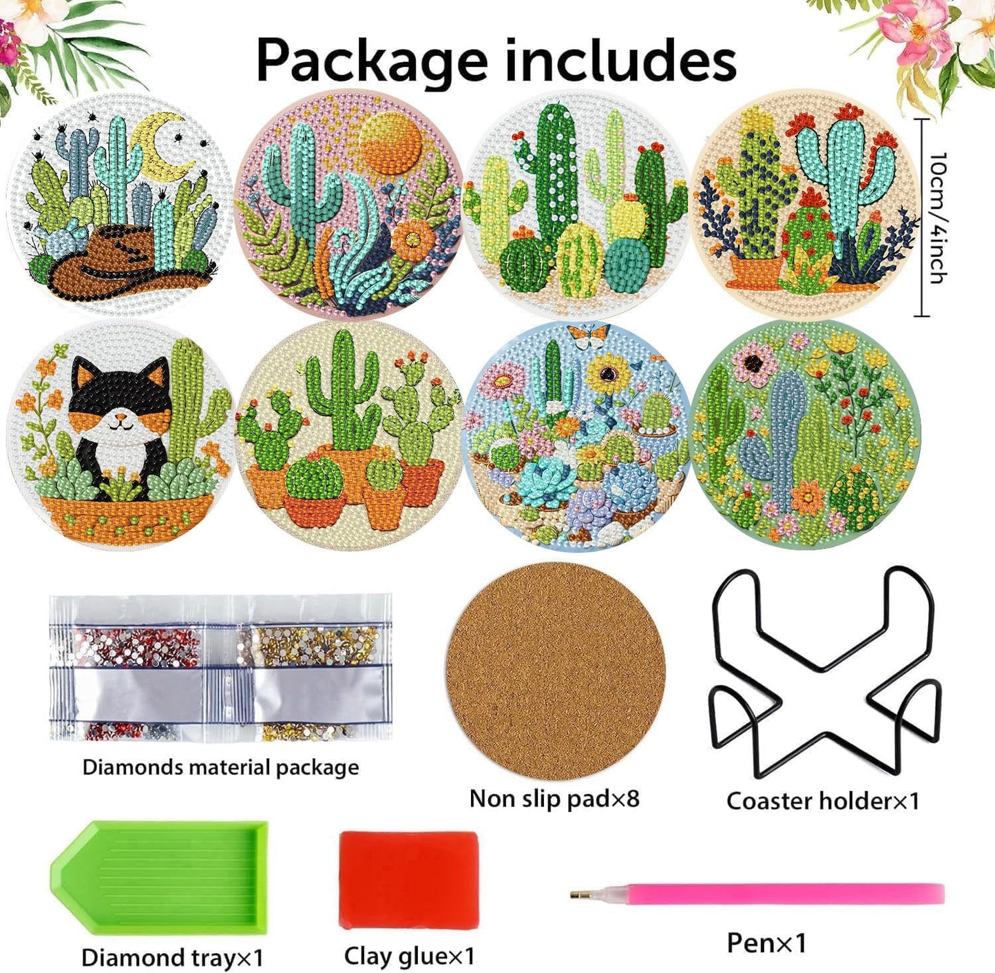 mrpwnle 8 Pcs Cactus Diamond Art Coasters Kit for Adults, Cactus Flowers Diamond Painting Coasters with Holder Cork Pads, DIY Diamond Art Non Slip Coaster Crafts Kits for Adults Beginners Gifts