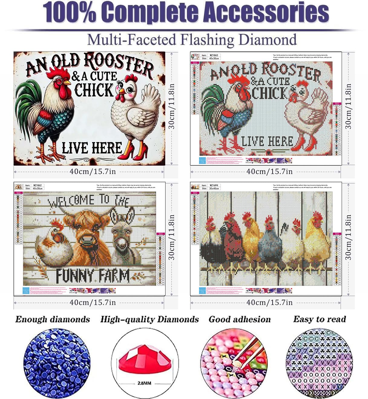 mrpwnle 3 Pack Diamond Art Kits for Adults, Cute Animal Chicken Cow Diamond Painting Kits for Beginners, 5D Diamonds Painting, DIY Full Round Drill Gem Art, Home Decor Gifts 11.8 X 15.7 Inch