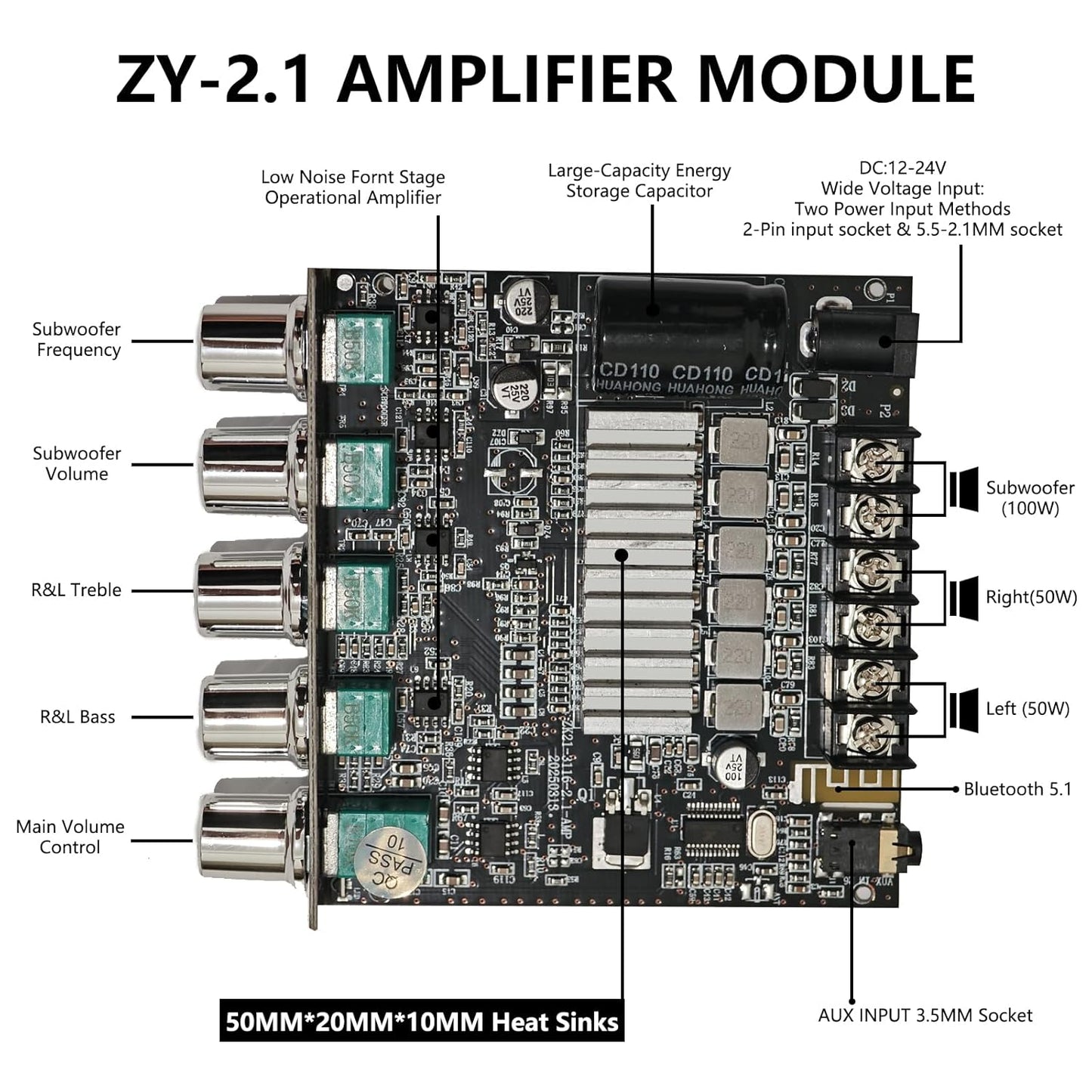 Generic 5.1 Board,200W 2.1 12-24 Bluetooth Audio Stereo Amplifier HiFi Channel Mini Subwoofer Power Amp Module