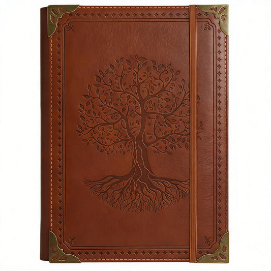 Refillable A5 Leather Binder Journal Notebook, Vintage PU Leather Organizer with 6 Ring Binder, 160 Lined & Blank Loose Leaf Pages, Elastic Closure, Metal Corner, for Work Study Daily, Brown Tree