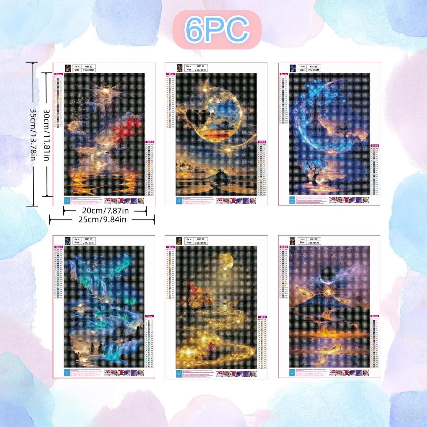 6 Pack Diamond Art Kits for Adults,Landscape 5D Diamond Painting for Adult Beginners, Moon DIY Full Drill Round Gem Painting Dot Art Sets,Home Wall Decor 9.8x13.8 Inch