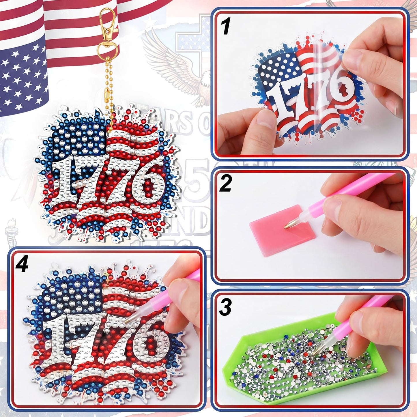 BBTO 20 Pcs Patriotic Diamond Art Keychains Patriotic 250th Anniversary Eagle Ornaments 4th of July Memorial Day Painting Keychains Red White Blue Independence Day Diamond Art Kits for Kids Adults
