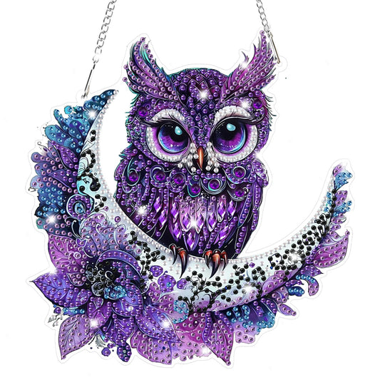 Bowetile Owl Diamond Art Hanging Kits for Adults, 5D Special Shape Diamond Painting Moon Pendant Kits, Gem Art Suncatchers Painting Window Ornament for Home Garden Wall Decor
