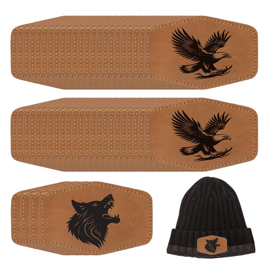 MECCANIXITY 60 Pcs Blank Leather Hat Patches, Laser Engraving Iron-on Hexagon Laserable Rustic Leatherette Patch for Hats Cap, Brown 2.99x1.97Inch