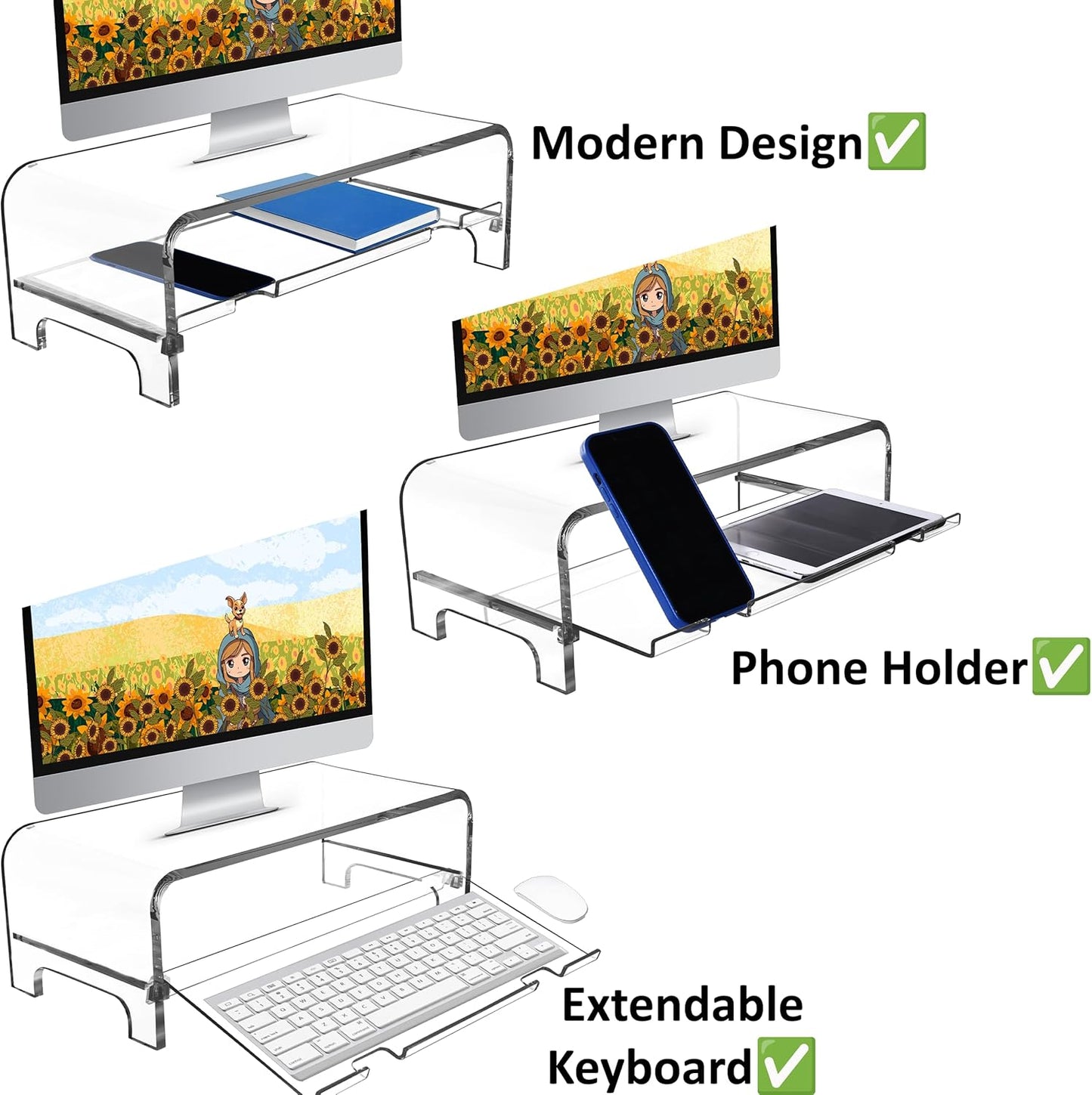 5.7 Inch AMT Acrylic Monitor Stand and Laptop Riser with Keyboard Cover, Clear Desktop Shelf for Office and Home