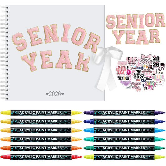 Tenceur Senior Scrapbook 2026 Kit DIY Senior Year Memory Book Gift Set Paper Scrapbook Decoration with Double-Ended Marker Self-Adhesive Chenille Letter Stickers for First Day of School 12x12''(Pink)