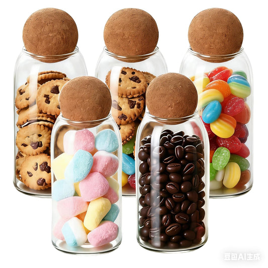 vskikris 5 Pack 35oz/1000ML Glass Storage Jars with Cork Ball Lids, Airtight Clear Glass Canisters for Kitchen, Food Storage Containers for Pasta, Coffee, Candy, Snacks, with Labels & Marker