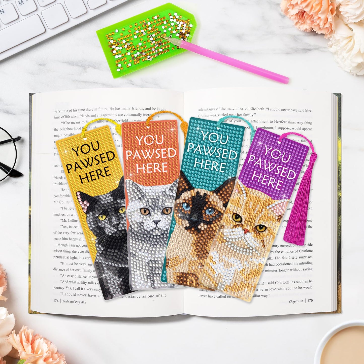 6 PCS Diamond Art Kits Bookmarks Cat Diamond Painting Bookmark, 5D DIY Book Marks Dimond Art Paintings Gem Art, Acrylic Bookmarks with Tassels,Arts and Crafts for Adults Reading Gifts for Book Lovers