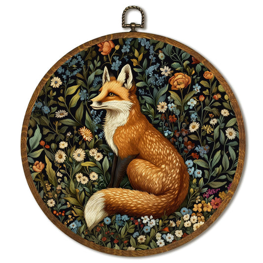 William Morris Inspired Vintage Round Wall Art, Vintage Fox Canvas Prints with Floral Design, Animal Wall Art Framed Decor for Home, Bathroom, Living Room, Bedroom 10x10inch (Brown Fox)