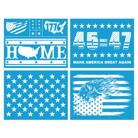 Shineone, 4Pcs, American Star Eagle, Silk Screen Stencils, Reusable Silk Screen Stencils, with Adhesive, for Home Decoration on Wood, Fabric, Glass, Plastic, Ceramics, Paper. 8.5”x11”