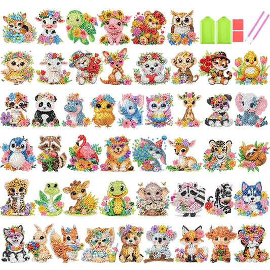 xackcme 48 Pcs Diamond Art Painting Sticker Kits for Kids, Animal Diamond Gem Stickers Kit, 5D Animals Gem Art Stickers Mosaic for Kids Gift for Boys Girls 4-8-10-12 Years Old