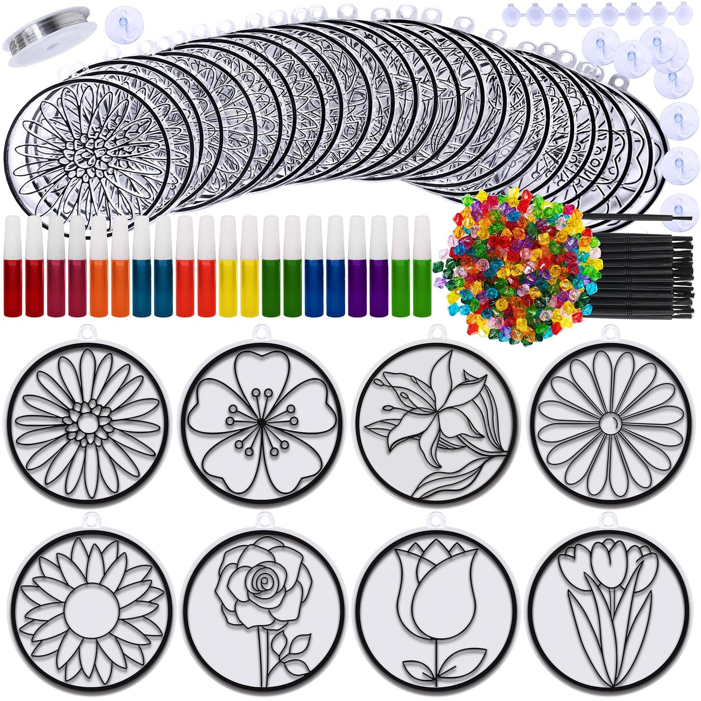 Winlyn 24 Set Spring Flower Suncatchers Ornaments Decorations DIY Window Paint Art Kit for Kids Classroom Activities Party Favors