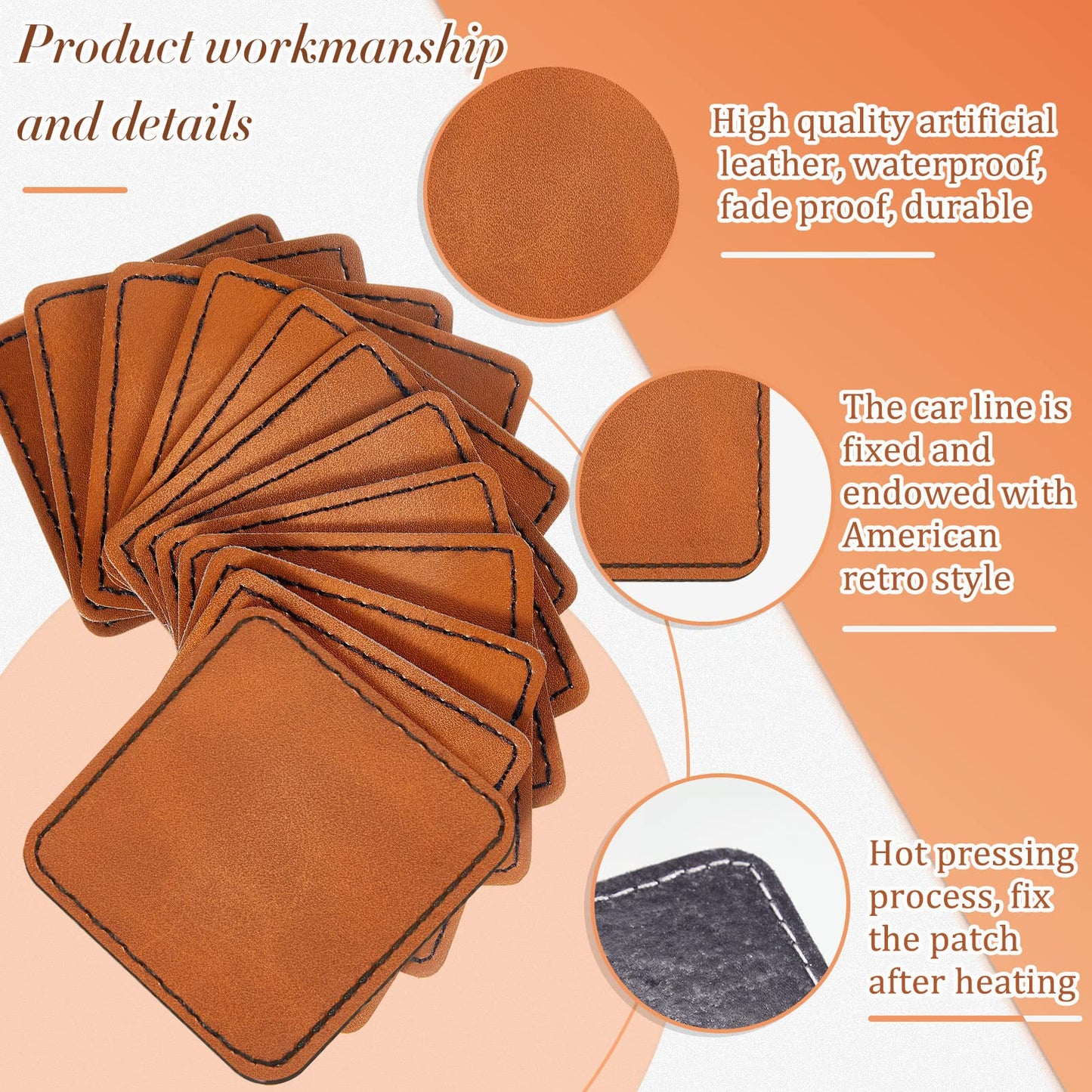 Dunzy 60 Pcs Blank Leather Hat Patch Square Laserable Rustic Leatherette Patch Adhesive for Hat Fabric Custom Repair Sew Laser Glow Forge, 2.5 x 2.5 Inch(Khaki)